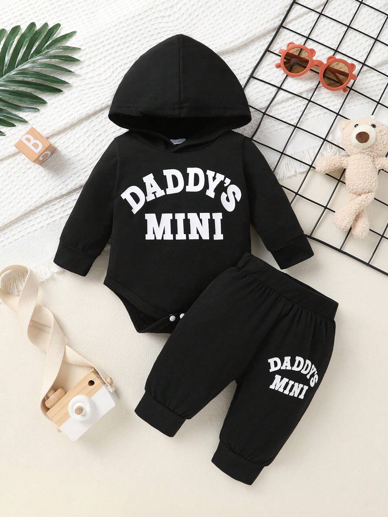 2Pcs Set, Casual, Cute, Baby Boy Clothes, Infant Bodysuit, Baby Autumn/Winter Outfit, Soft & Comfortable, Letter Print Hoodie Top and Solid Letter Print Pants Set, Suitable for Daily, Vacation, Party, Outdoor
