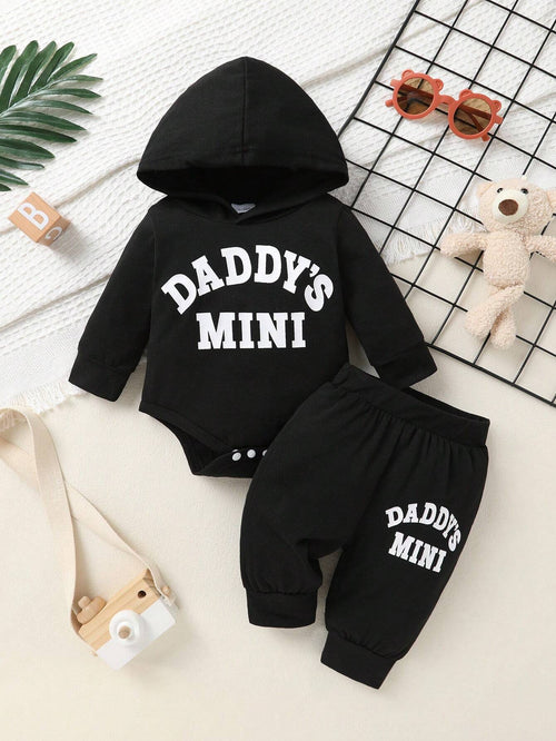 2Pcs Set, Casual, Cute, Baby Boy Clothes, Infant Bodysuit, Baby Autumn/Winter Outfit, Soft & Comfortable, Letter Print Hoodie Top and Solid Letter Print Pants Set, Suitable for Daily, Vacation, Party, Outdoor