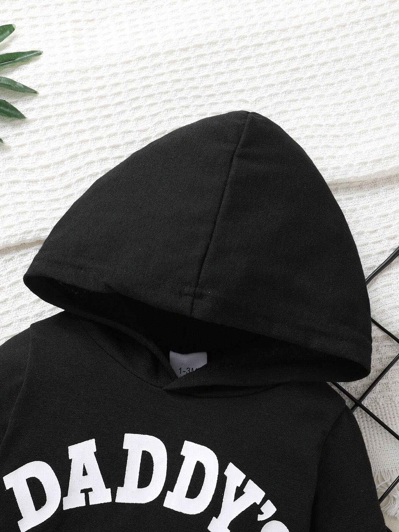 2Pcs Set, Casual, Cute, Baby Boy Clothes, Infant Bodysuit, Baby Autumn/Winter Outfit, Soft & Comfortable, Letter Print Hoodie Top and Solid Letter Print Pants Set, Suitable for Daily, Vacation, Party, Outdoor