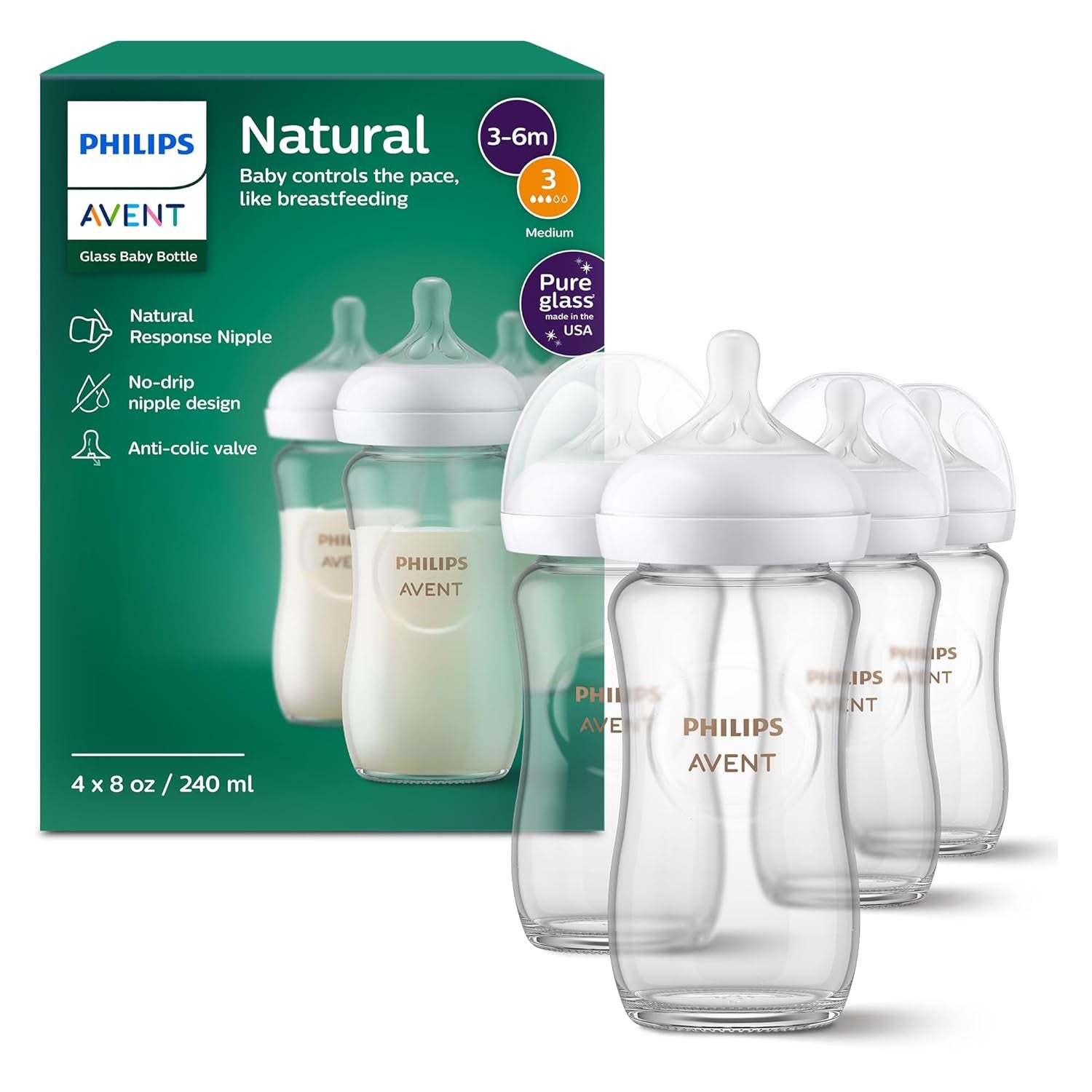 Natural Glass Baby Bottles with Natural Response Nipples (Slow Flow, Flow 2), 4Oz, 4-Pack, SCY910/04