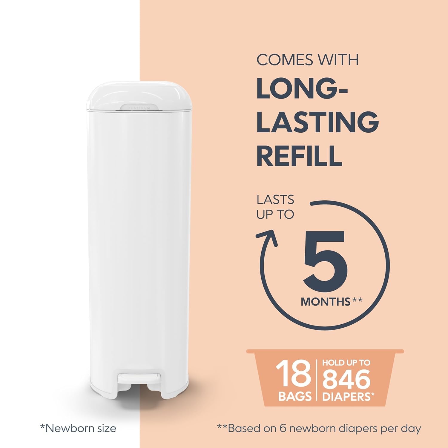 Platinum Pail (Lily White) Is Made in Durable Stainless Steel and Includes 1 Easy Roll Refill with 18 Bags That Can Last up to 5 Months.