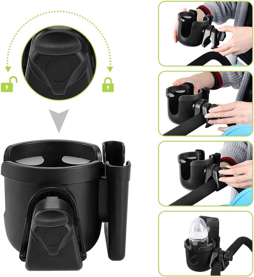 Stroller Cup Holder with Phone Holder, Bike Cup Holder, Universal Cup Holder for Uppababy Nuna Doona Strollers, 2-In-1 Cup Phone Holder for Stroller, Bike, Wheelchair, Walker, Scooter