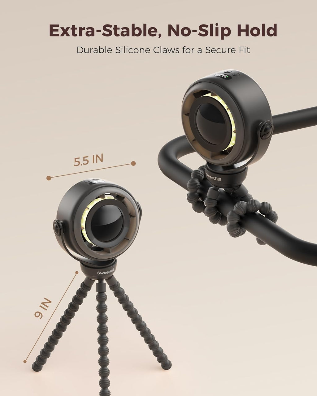 Baby Stroller Fan - 4000Mah Rechargeable 4-Speed Quiet with LED Display & Night Light, Mini Portable 360° Clip on Safe Fan for Car Seat, Crib, Travel - Black