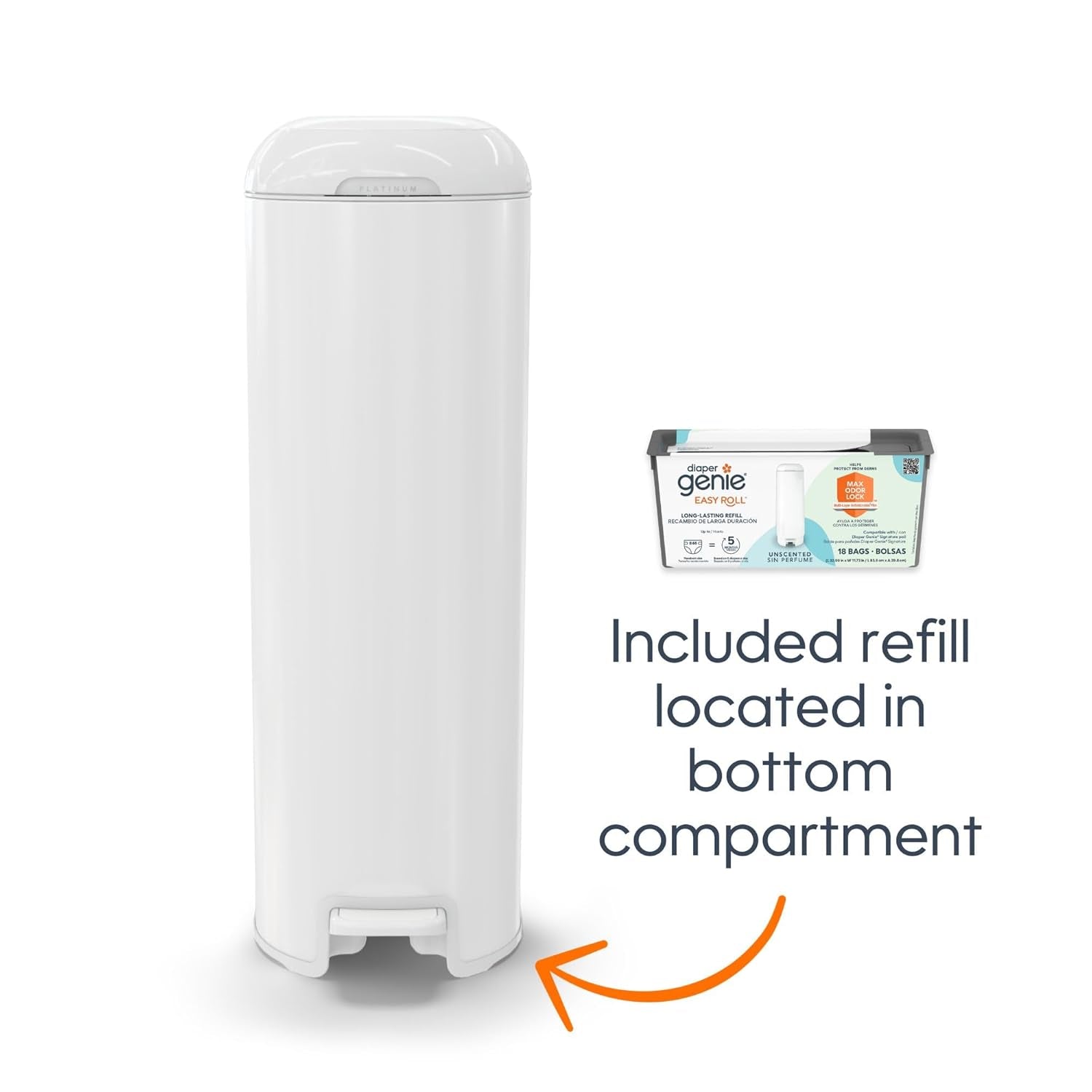 Platinum Pail (Lily White) Is Made in Durable Stainless Steel and Includes 1 Easy Roll Refill with 18 Bags That Can Last up to 5 Months.