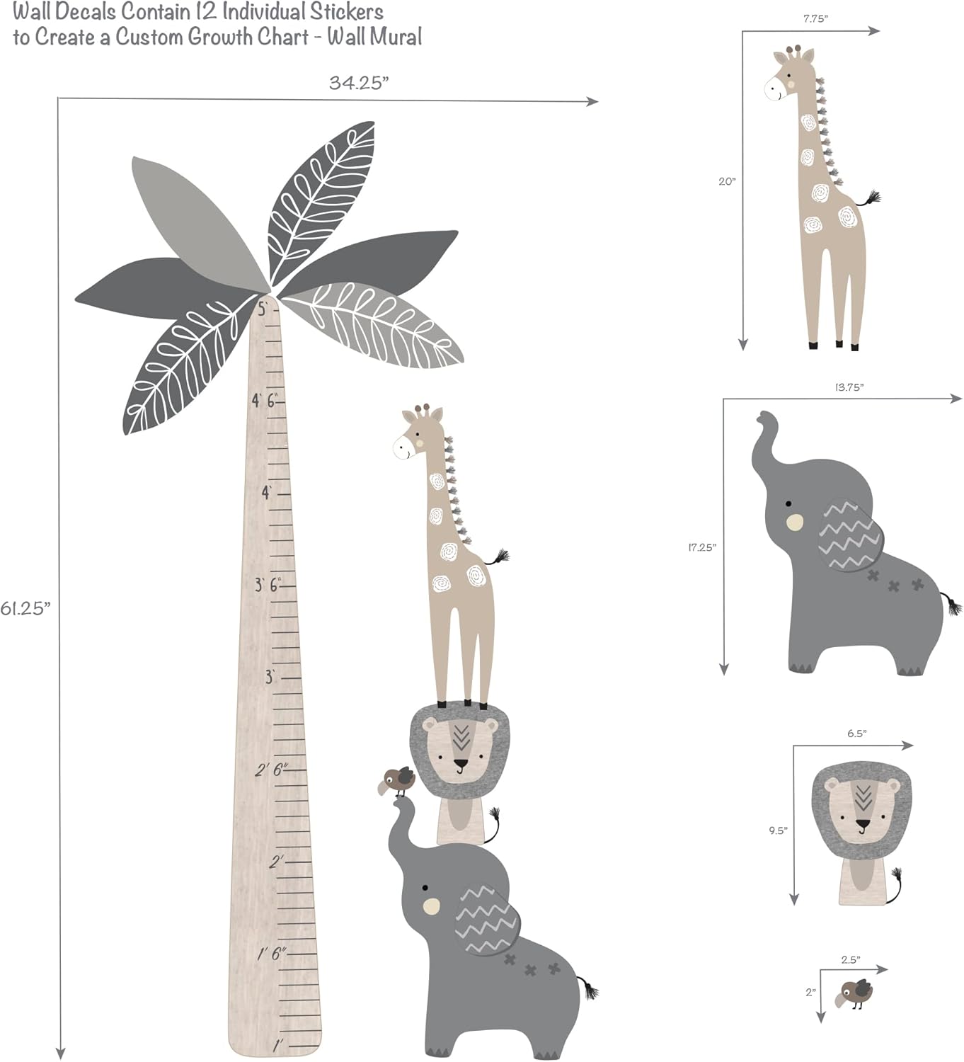 Jungle Safari Tree with Animals Kids Growth Chart Wall Decals