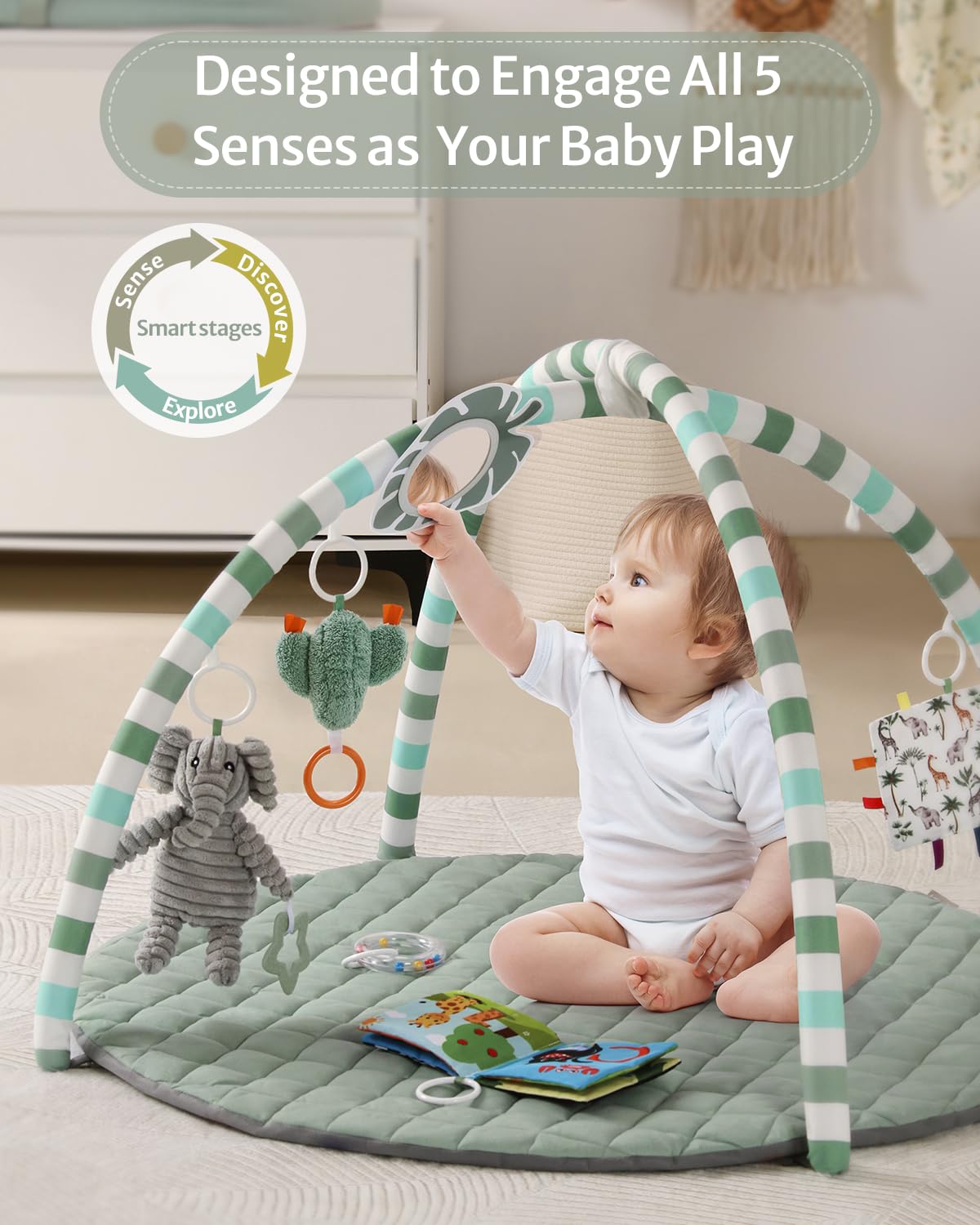 Baby Play Gym Mat, Play Mat Activity Mat with 6 Detachable Toys for Stage-Based Sensory & Motor Skill Development, Easy to Install & Clean, Baby Essentials Gift, Sage Green
