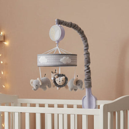 Jungle Safari Musical Baby Crib Mobile - Gray, Beige, White, Animals