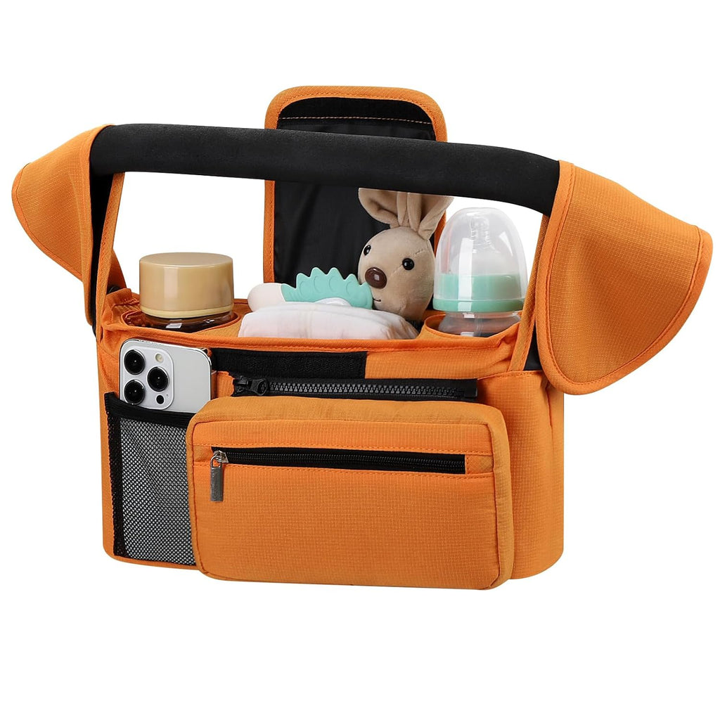 Universal Stroller Organizer with Insulated Cup Holder Detachable Phone Bag and Shoulder Strap,Stroller Bag Caddy Organizer Fits for Uppababy, Baby Jogger, Britax Strollers