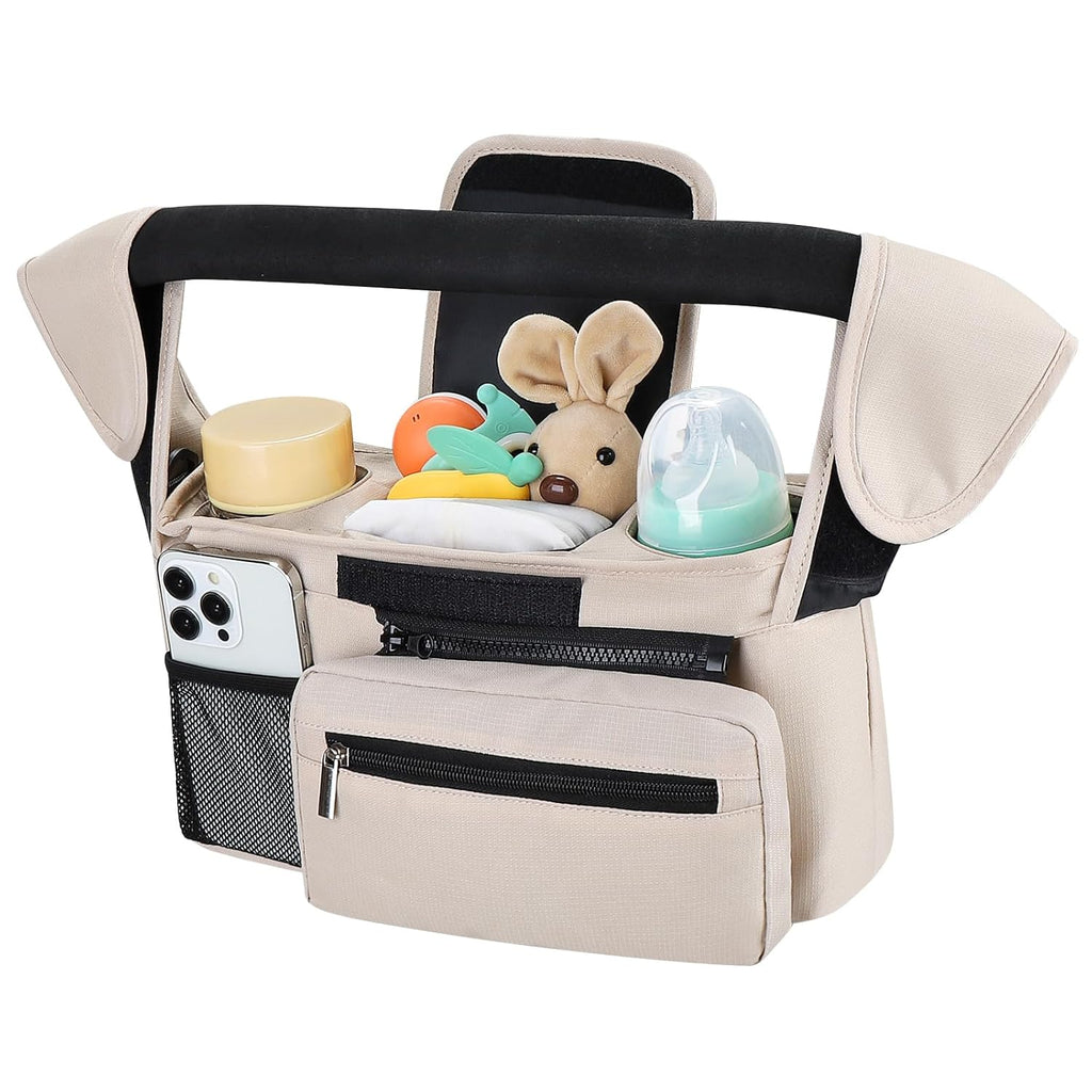 Universal Stroller Organizer with Insulated Cup Holder Detachable Phone Bag and Shoulder Strap,Stroller Bag Caddy Organizer Fits for Uppababy, Baby Jogger, Britax Strollers