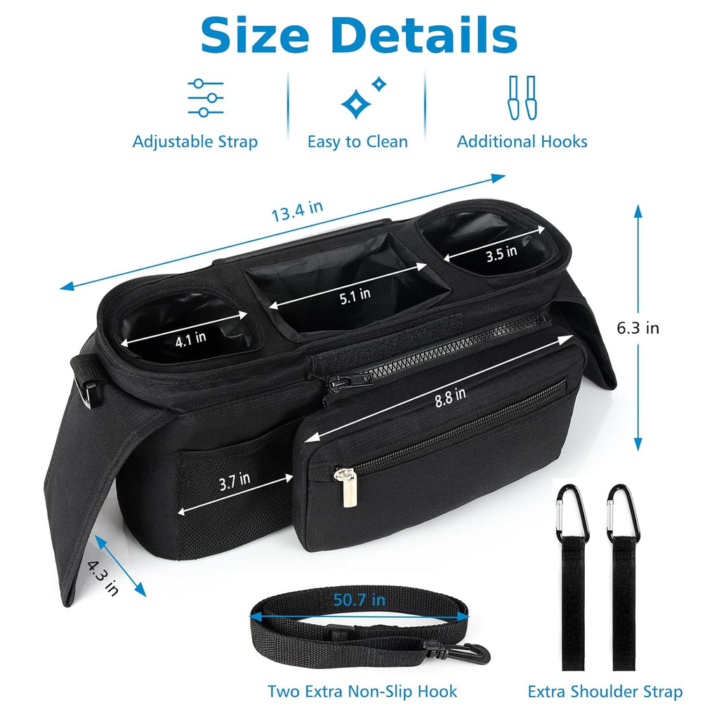 Universal Stroller Organizer with Insulated Cup Holder Detachable Phone Bag and Shoulder Strap,Stroller Bag Caddy Organizer Fits for Uppababy, Baby Jogger, Britax Strollers