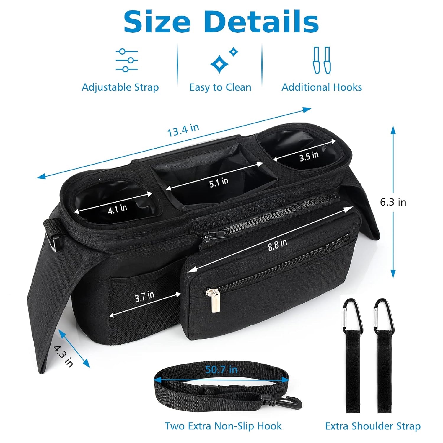 Universal Stroller Organizer with Insulated Cup Holder Detachable Phone Bag and Shoulder Strap,Stroller Bag Caddy Organizer Fits for Uppababy, Baby Jogger, Britax Strollers