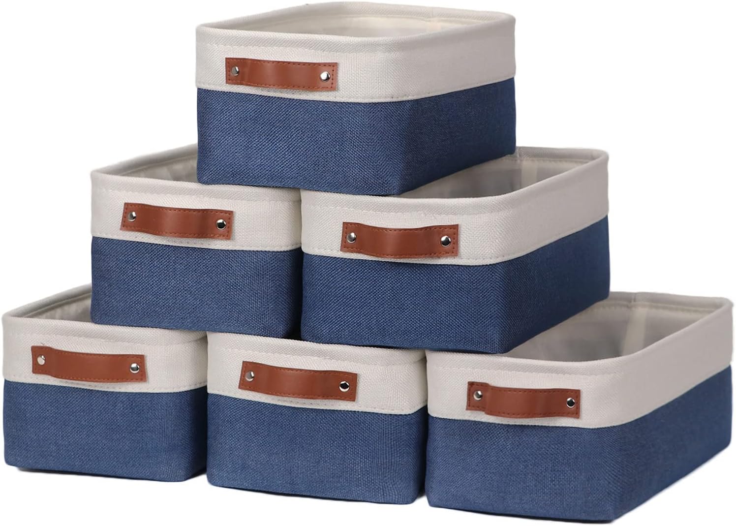 Small Baskets for Storage(6 Pack) Fabric Storage Baskets for Shelves, Foldable Storage Basket for Organizing Closets, Laundry, Nursery, Baskets for Gifts Empty (White&Blue, 11.8" X 7.8" X 5.1")