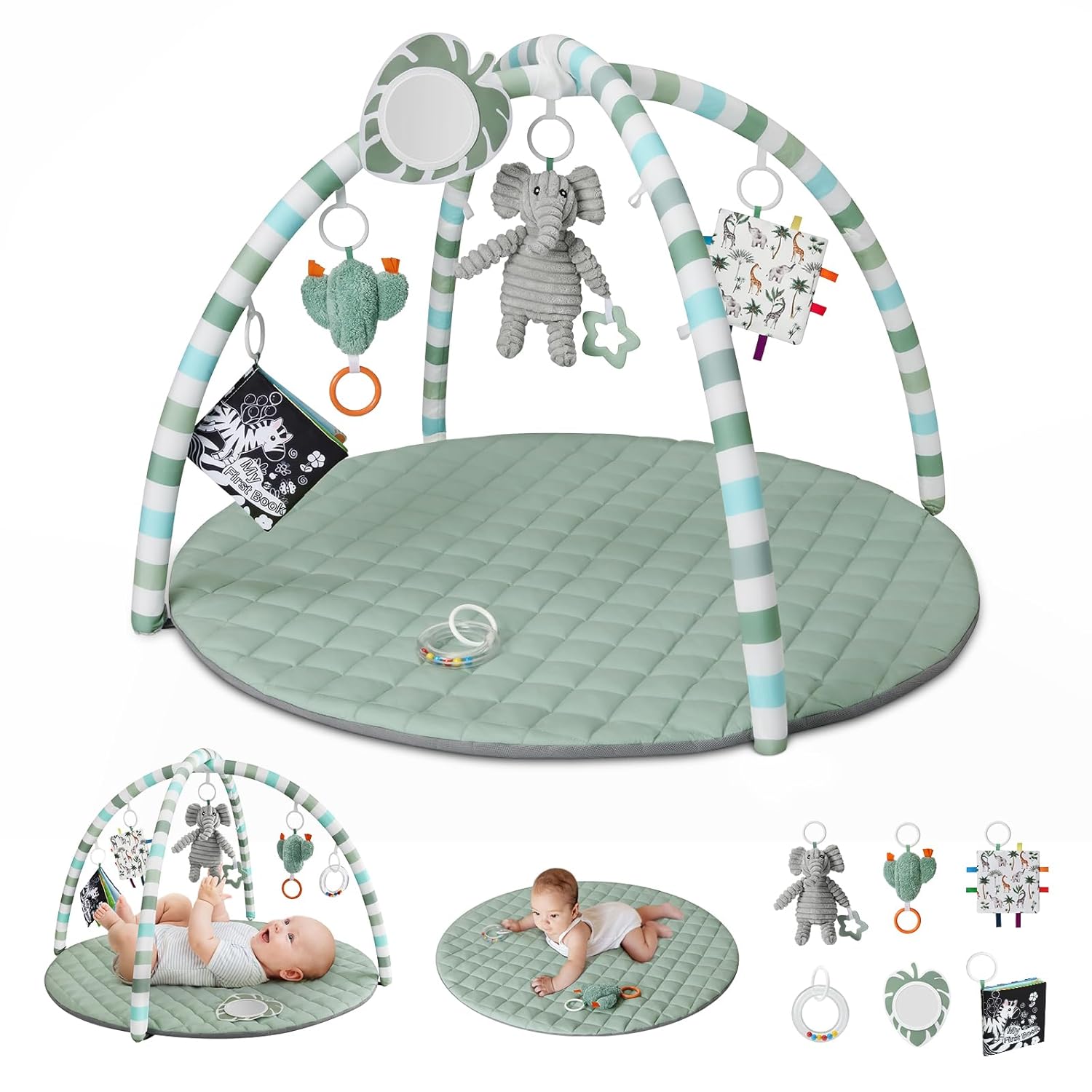 Baby Play Gym Mat, Play Mat Activity Mat with 6 Detachable Toys for Stage-Based Sensory & Motor Skill Development, Easy to Install & Clean, Baby Essentials Gift, Sage Green