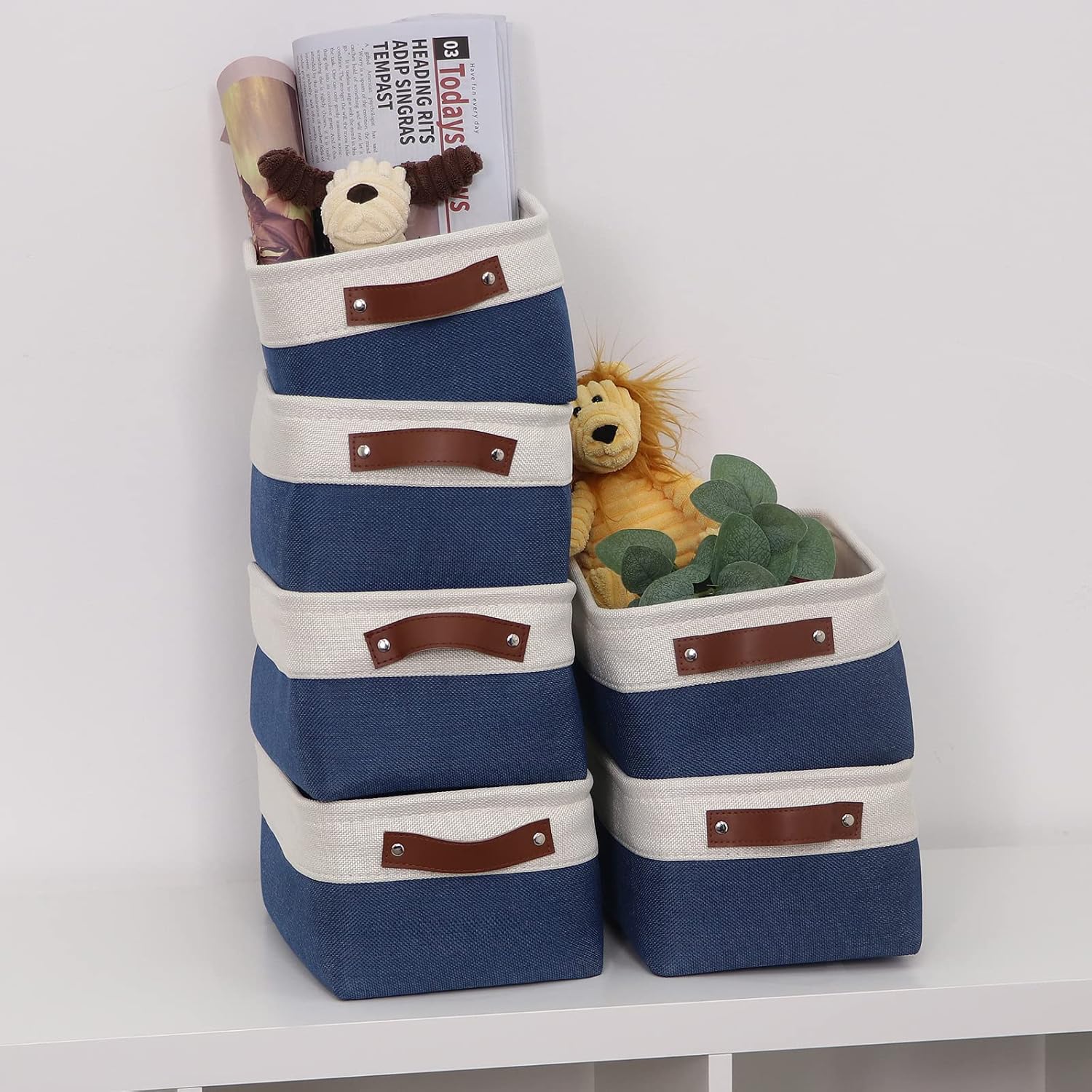 Small Baskets for Storage(6 Pack) Fabric Storage Baskets for Shelves, Foldable Storage Basket for Organizing Closets, Laundry, Nursery, Baskets for Gifts Empty (White&Blue, 11.8" X 7.8" X 5.1")