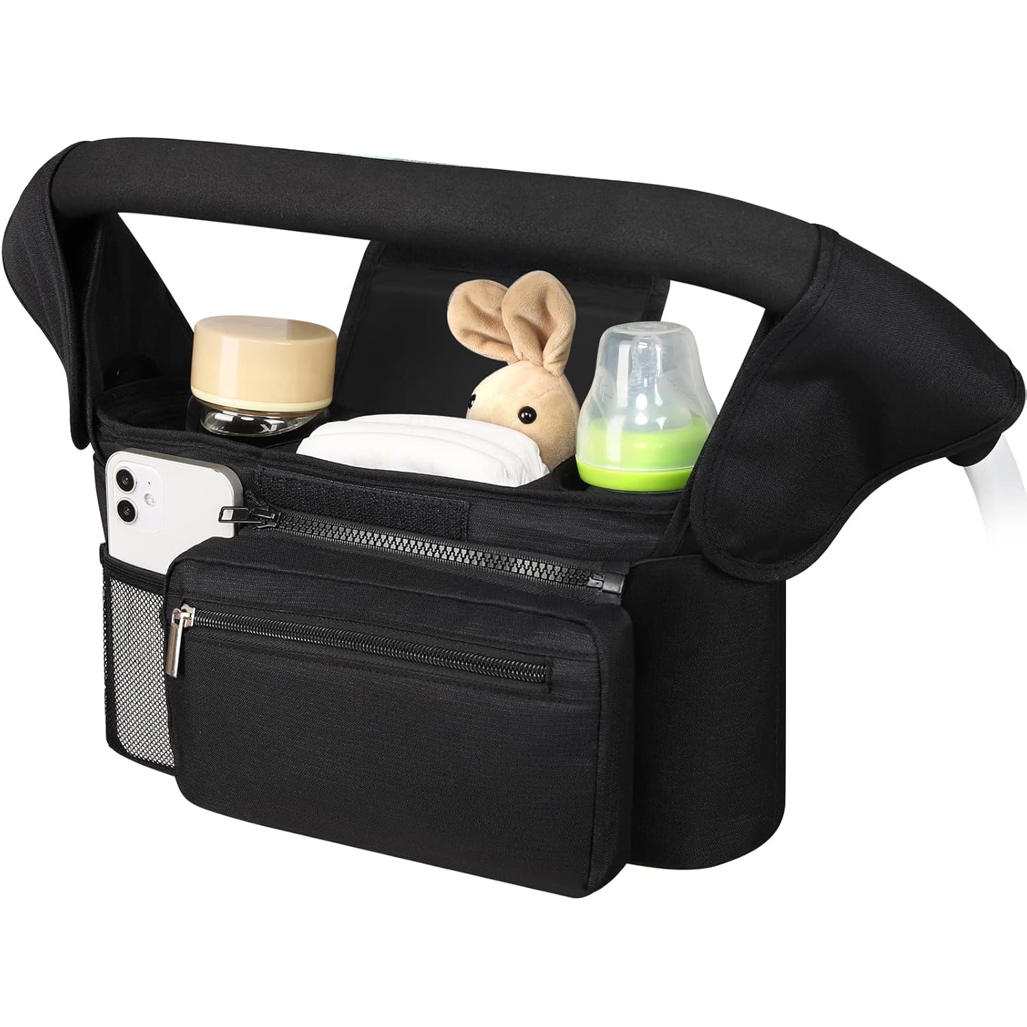 Universal Stroller Organizer with Insulated Cup Holder Detachable Phone Bag and Shoulder Strap,Stroller Bag Caddy Organizer Fits for Uppababy, Baby Jogger, Britax Strollers