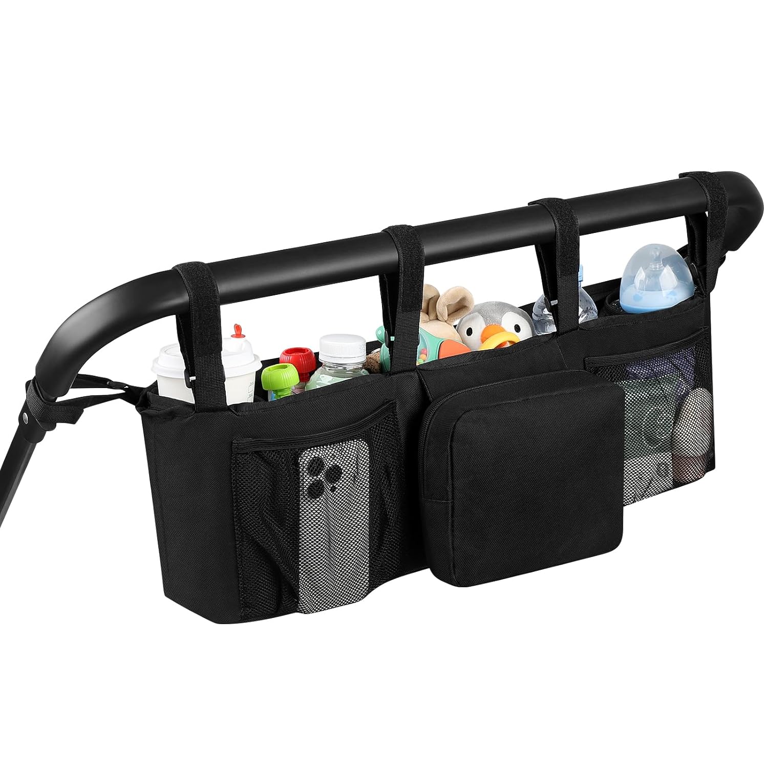 Universal Stroller Organizer with Insulated Cup Holder Detachable Phone Bag and Shoulder Strap,Stroller Bag Caddy Organizer Fits for Uppababy, Baby Jogger, Britax Strollers