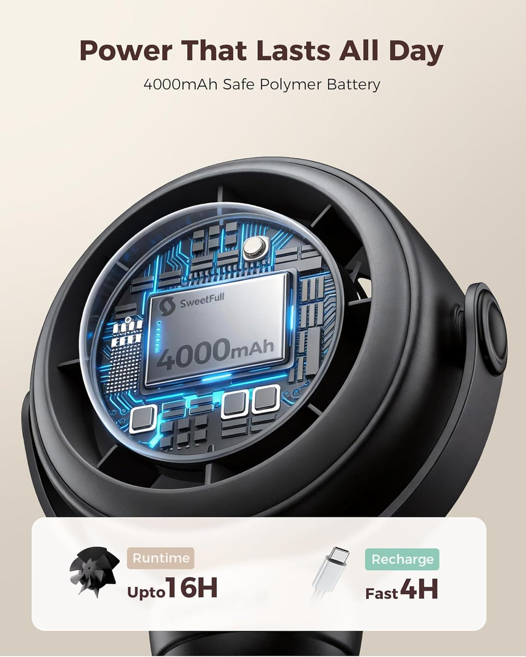 Baby Stroller Fan - 4000Mah Rechargeable 4-Speed Quiet with LED Display & Night Light, Mini Portable 360° Clip on Safe Fan for Car Seat, Crib, Travel - Black