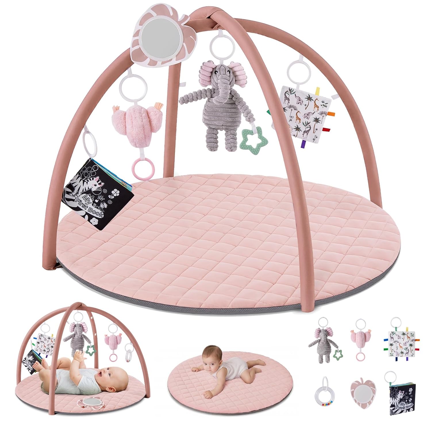 Baby Play Gym Mat, Play Mat Activity Mat with 6 Detachable Toys for Stage-Based Sensory & Motor Skill Development, Easy to Install & Clean, Baby Essentials Gift, Sage Green