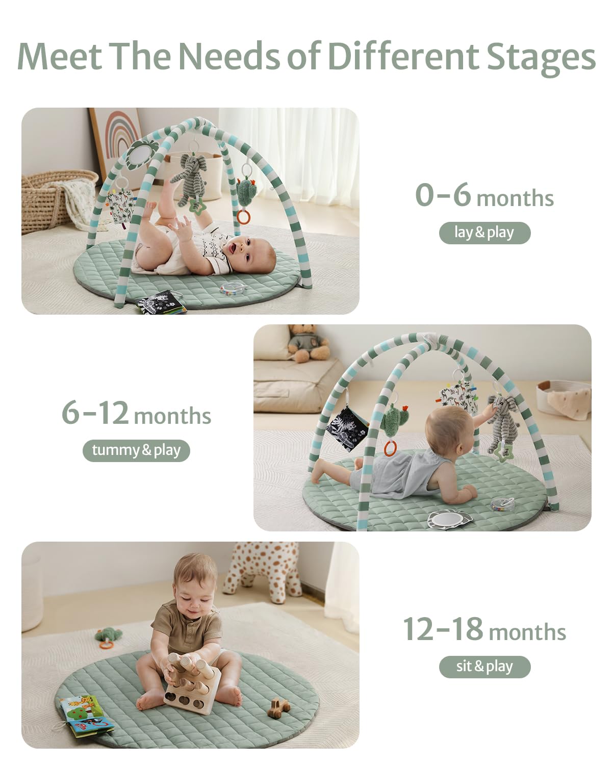 Baby Play Gym Mat, Play Mat Activity Mat with 6 Detachable Toys for Stage-Based Sensory & Motor Skill Development, Easy to Install & Clean, Baby Essentials Gift, Sage Green