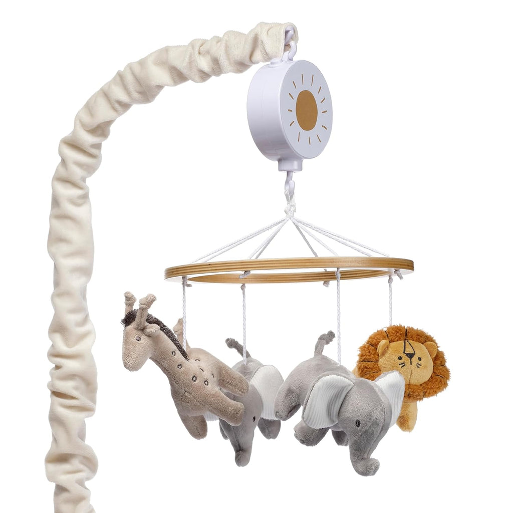 Jungle Safari Musical Baby Crib Mobile - Gray, Beige, White, Animals