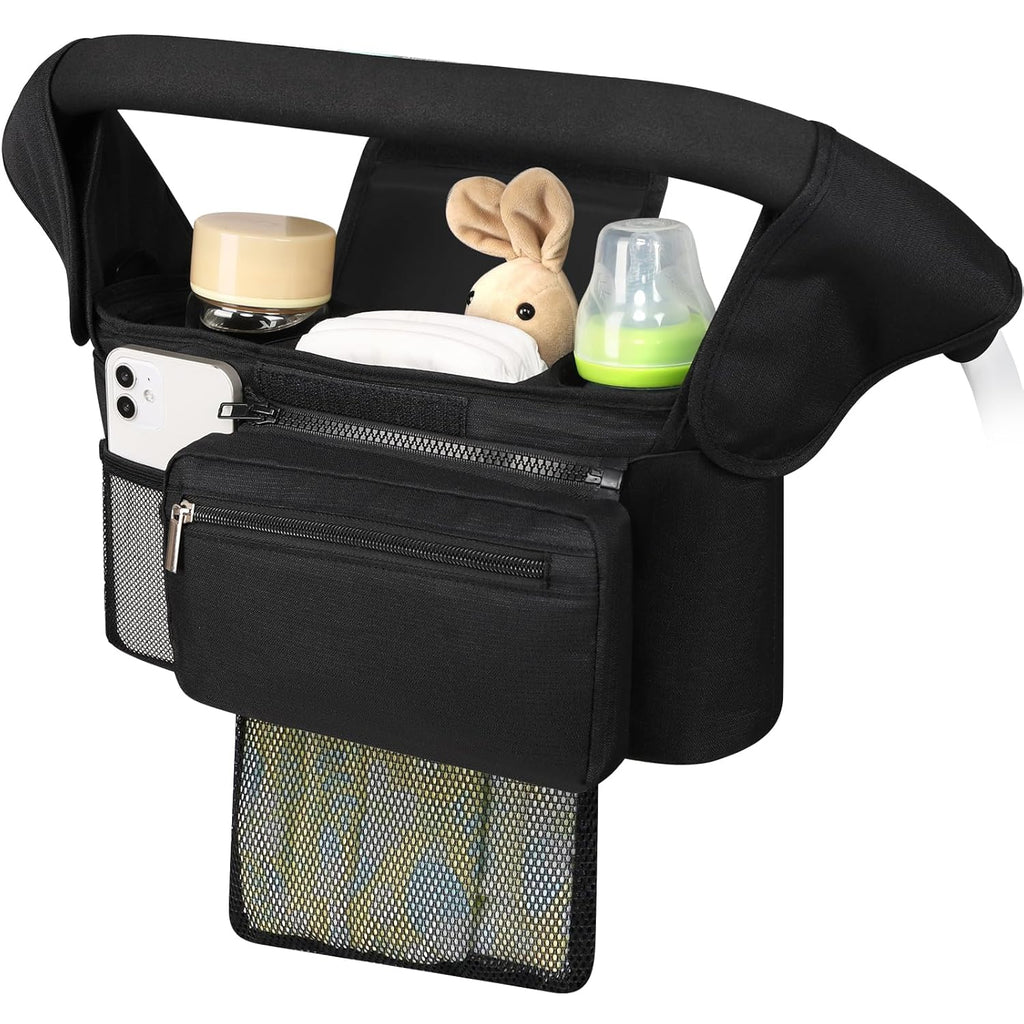 Universal Stroller Organizer with Insulated Cup Holder Detachable Phone Bag and Shoulder Strap,Stroller Bag Caddy Organizer Fits for Uppababy, Baby Jogger, Britax Strollers