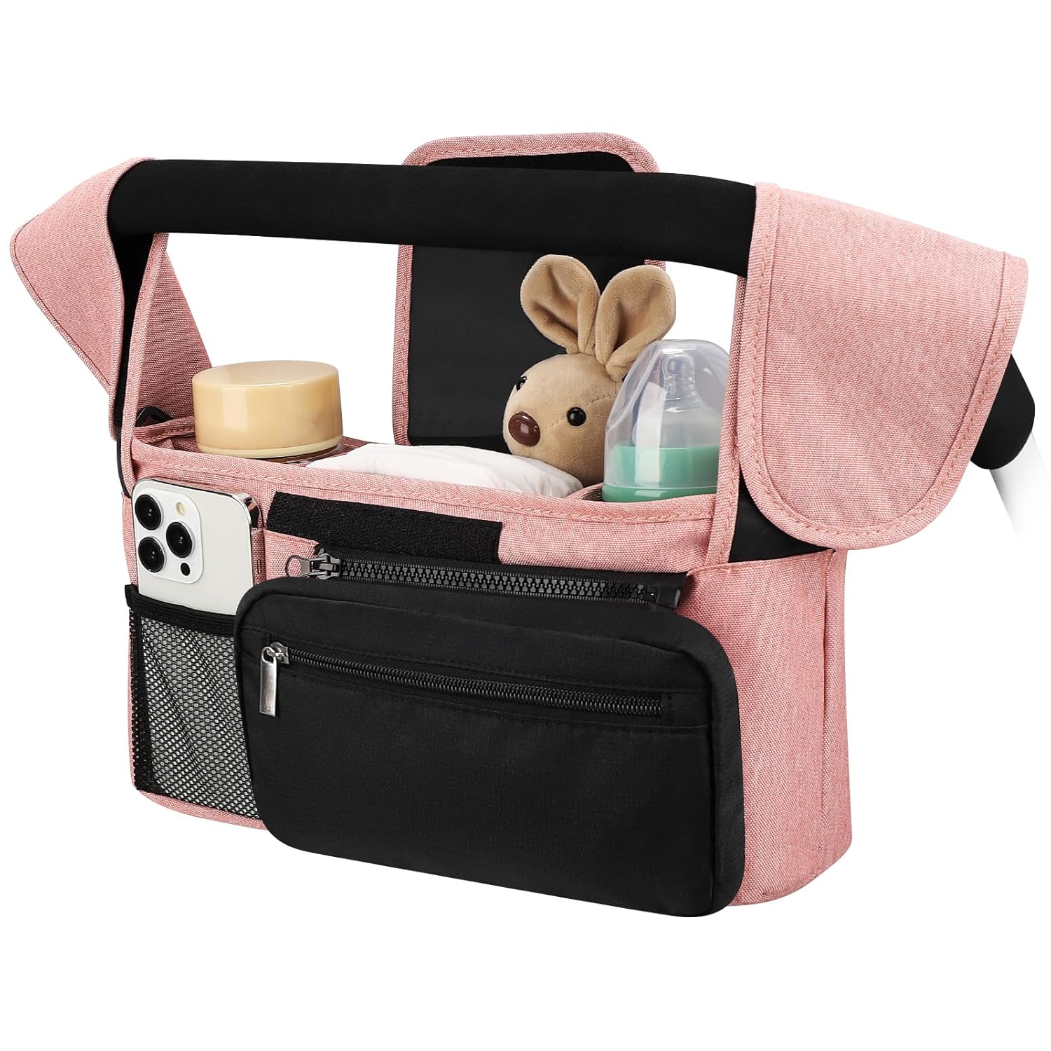 Universal Stroller Organizer with Insulated Cup Holder Detachable Phone Bag and Shoulder Strap,Stroller Bag Caddy Organizer Fits for Uppababy, Baby Jogger, Britax Strollers