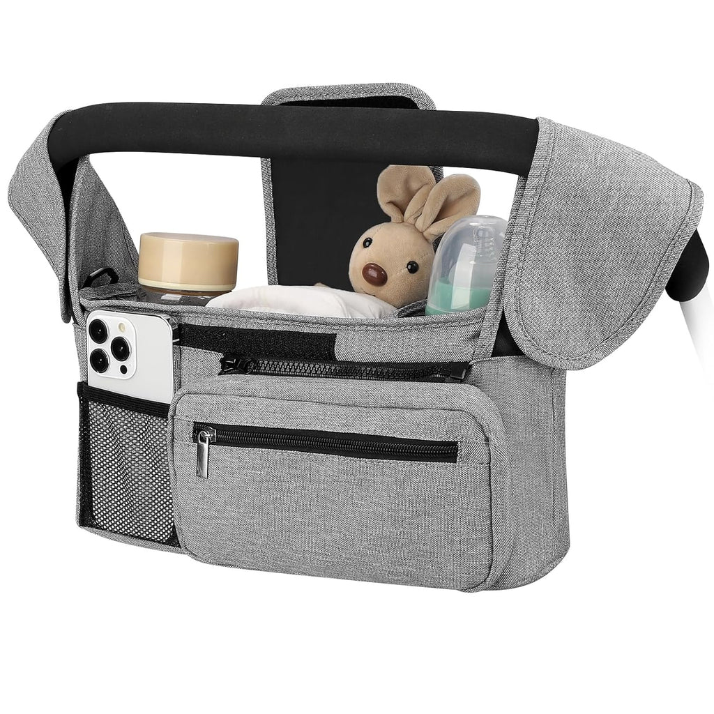 Universal Stroller Organizer with Insulated Cup Holder Detachable Phone Bag and Shoulder Strap,Stroller Bag Caddy Organizer Fits for Uppababy, Baby Jogger, Britax Strollers