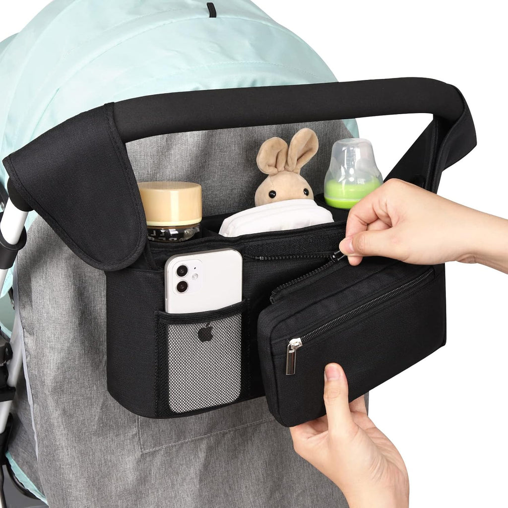 Universal Stroller Organizer with Insulated Cup Holder Detachable Phone Bag and Shoulder Strap,Stroller Bag Caddy Organizer Fits for Uppababy, Baby Jogger, Britax Strollers