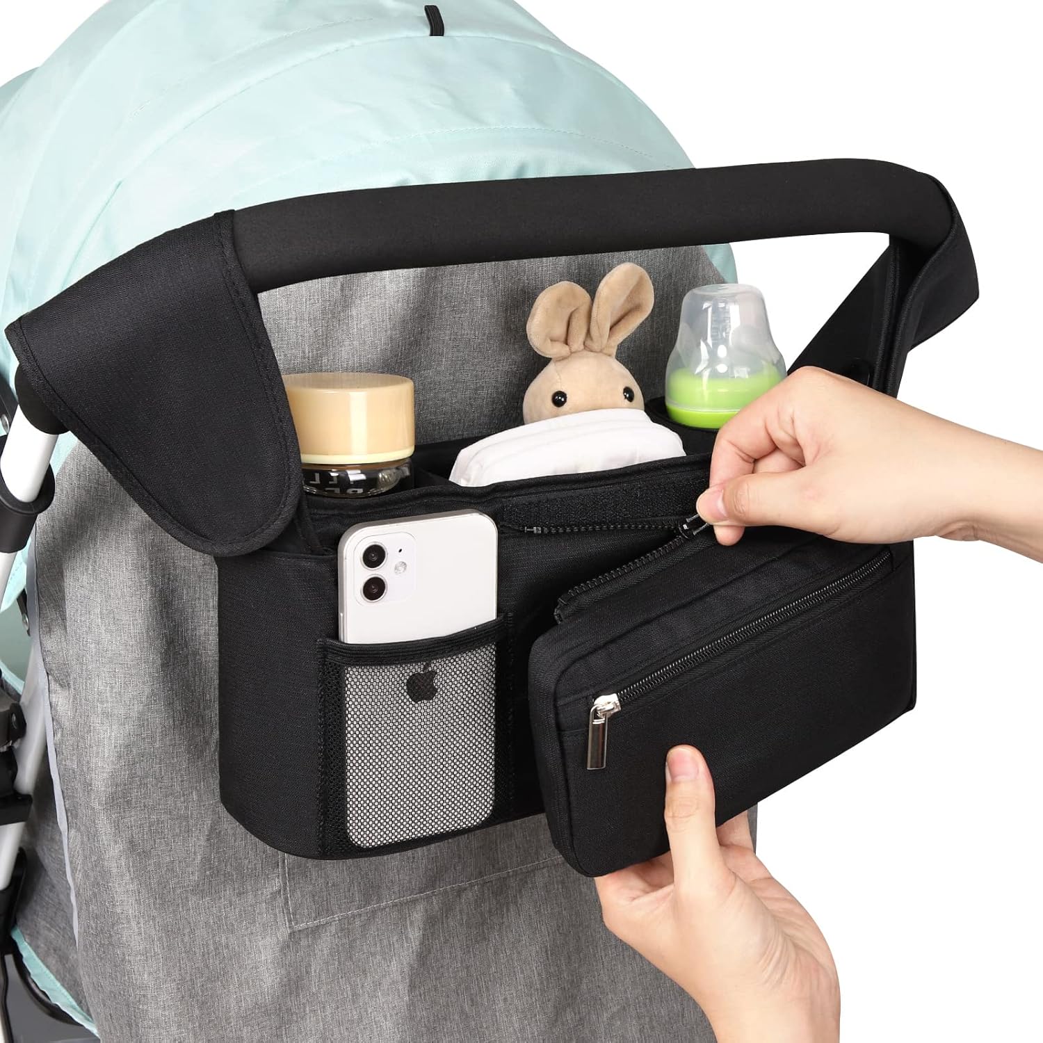 Universal Stroller Organizer with Insulated Cup Holder Detachable Phone Bag and Shoulder Strap,Stroller Bag Caddy Organizer Fits for Uppababy, Baby Jogger, Britax Strollers