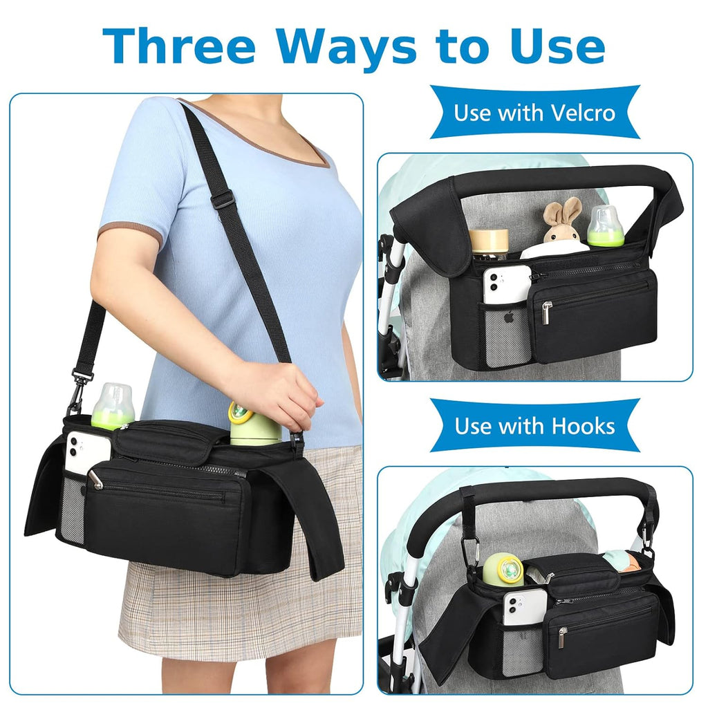 Universal Stroller Organizer with Insulated Cup Holder Detachable Phone Bag and Shoulder Strap,Stroller Bag Caddy Organizer Fits for Uppababy, Baby Jogger, Britax Strollers