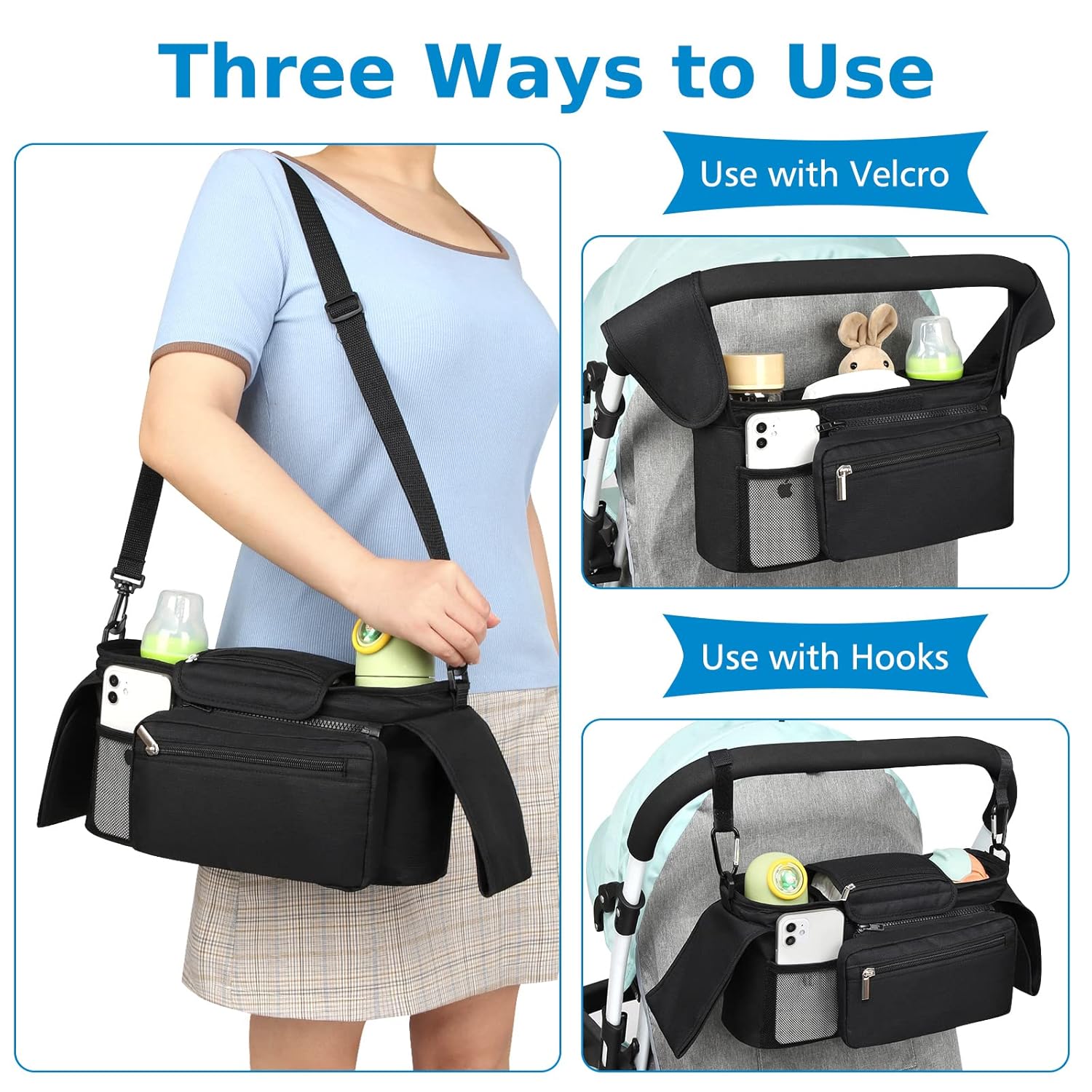 Universal Stroller Organizer with Insulated Cup Holder Detachable Phone Bag and Shoulder Strap,Stroller Bag Caddy Organizer Fits for Uppababy, Baby Jogger, Britax Strollers