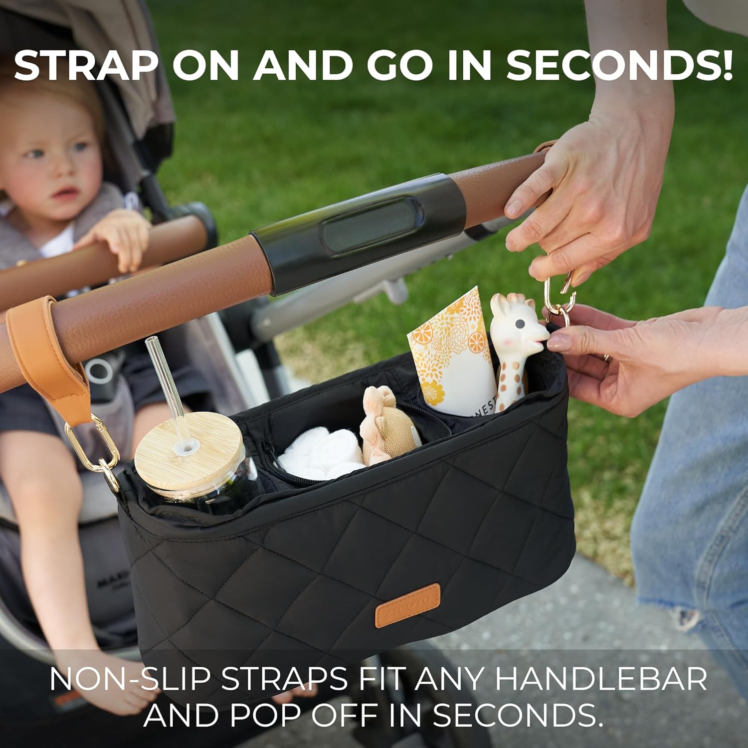 Beautiful Stroller Caddy Organizer with 2 Cup Holders – Luxury Stroller Bag, Universal Fit, Leather Straps & Zipper Pocket – Spacious Accessories Perfectly Fits Doona, Nuna & Uppababy Strollers