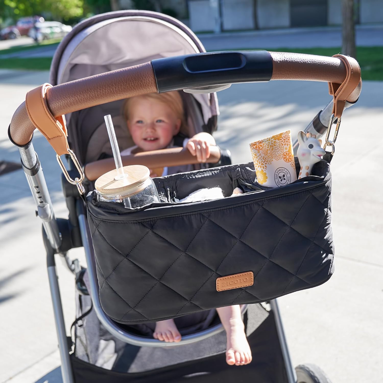 Beautiful Stroller Caddy Organizer with 2 Cup Holders – Luxury Stroller Bag, Universal Fit, Leather Straps & Zipper Pocket – Spacious Accessories Perfectly Fits Doona, Nuna & Uppababy Strollers