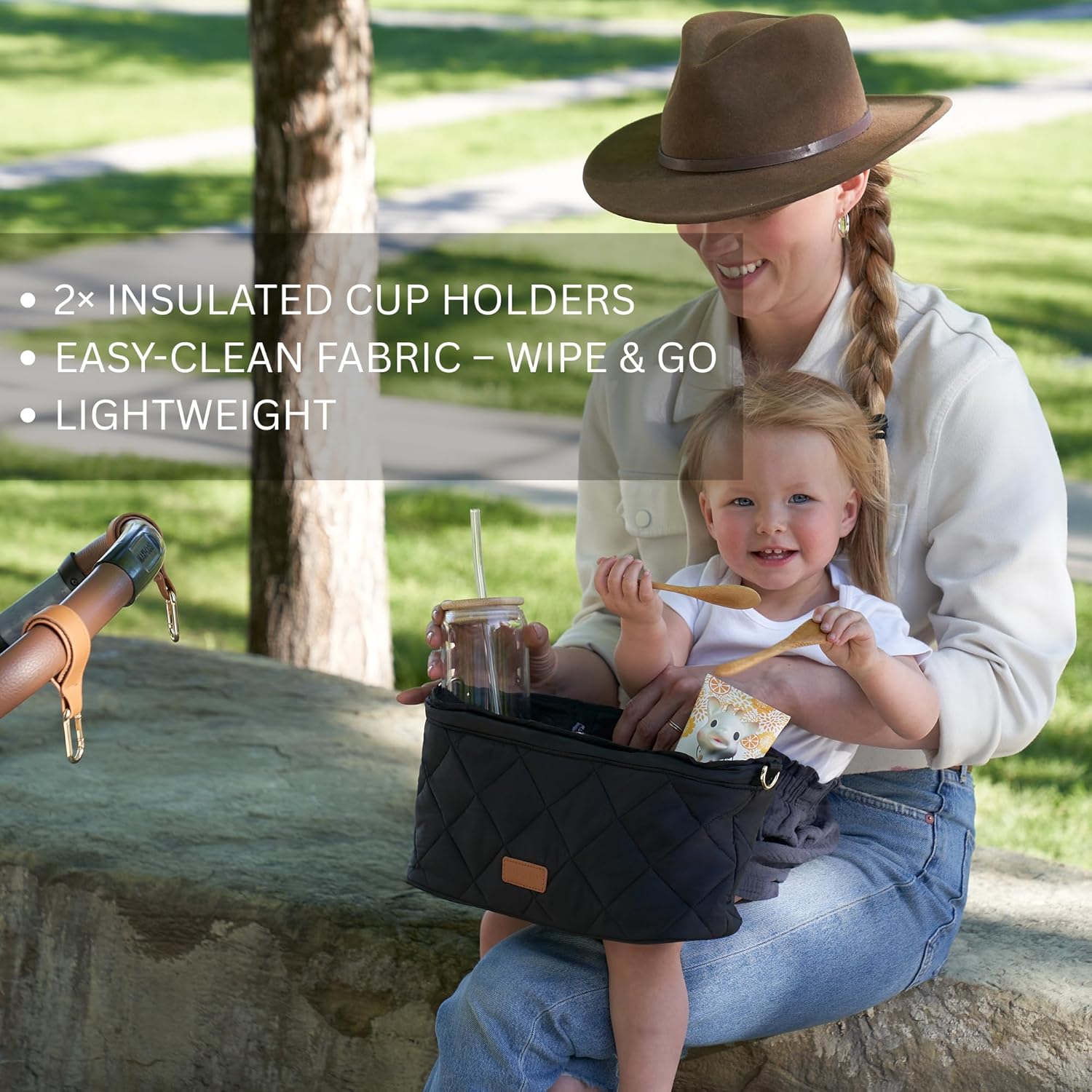 Beautiful Stroller Caddy Organizer with 2 Cup Holders – Luxury Stroller Bag, Universal Fit, Leather Straps & Zipper Pocket – Spacious Accessories Perfectly Fits Doona, Nuna & Uppababy Strollers