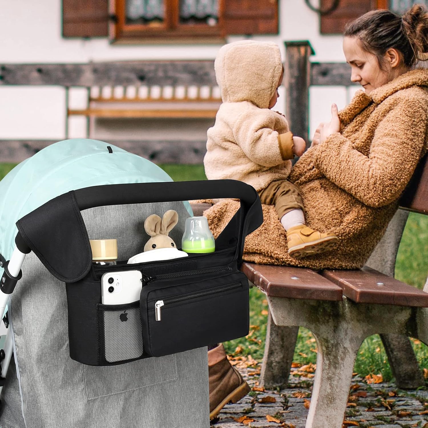 Universal Stroller Organizer with Insulated Cup Holder Detachable Phone Bag and Shoulder Strap,Stroller Bag Caddy Organizer Fits for Uppababy, Baby Jogger, Britax Strollers