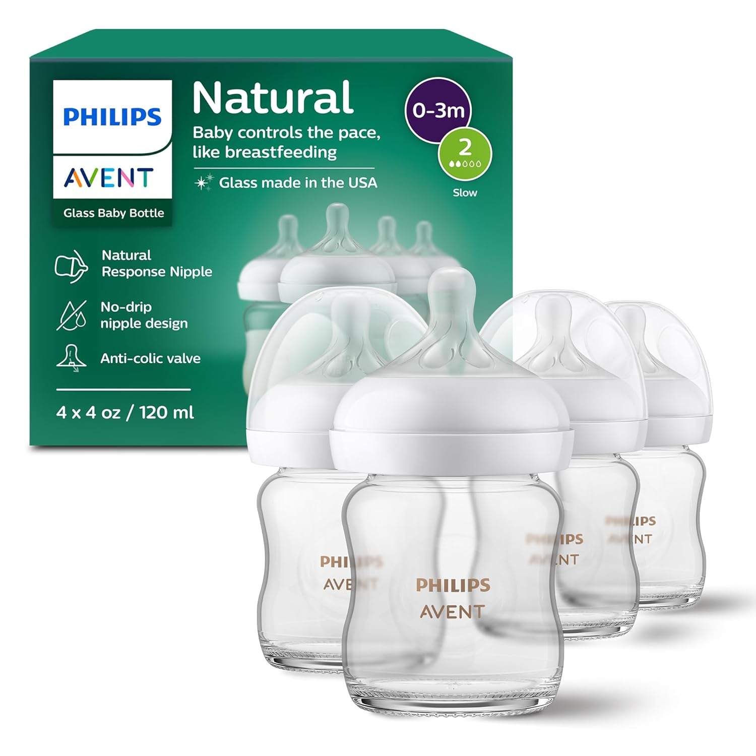 Natural Glass Baby Bottles with Natural Response Nipples (Slow Flow, Flow 2), 4Oz, 4-Pack, SCY910/04