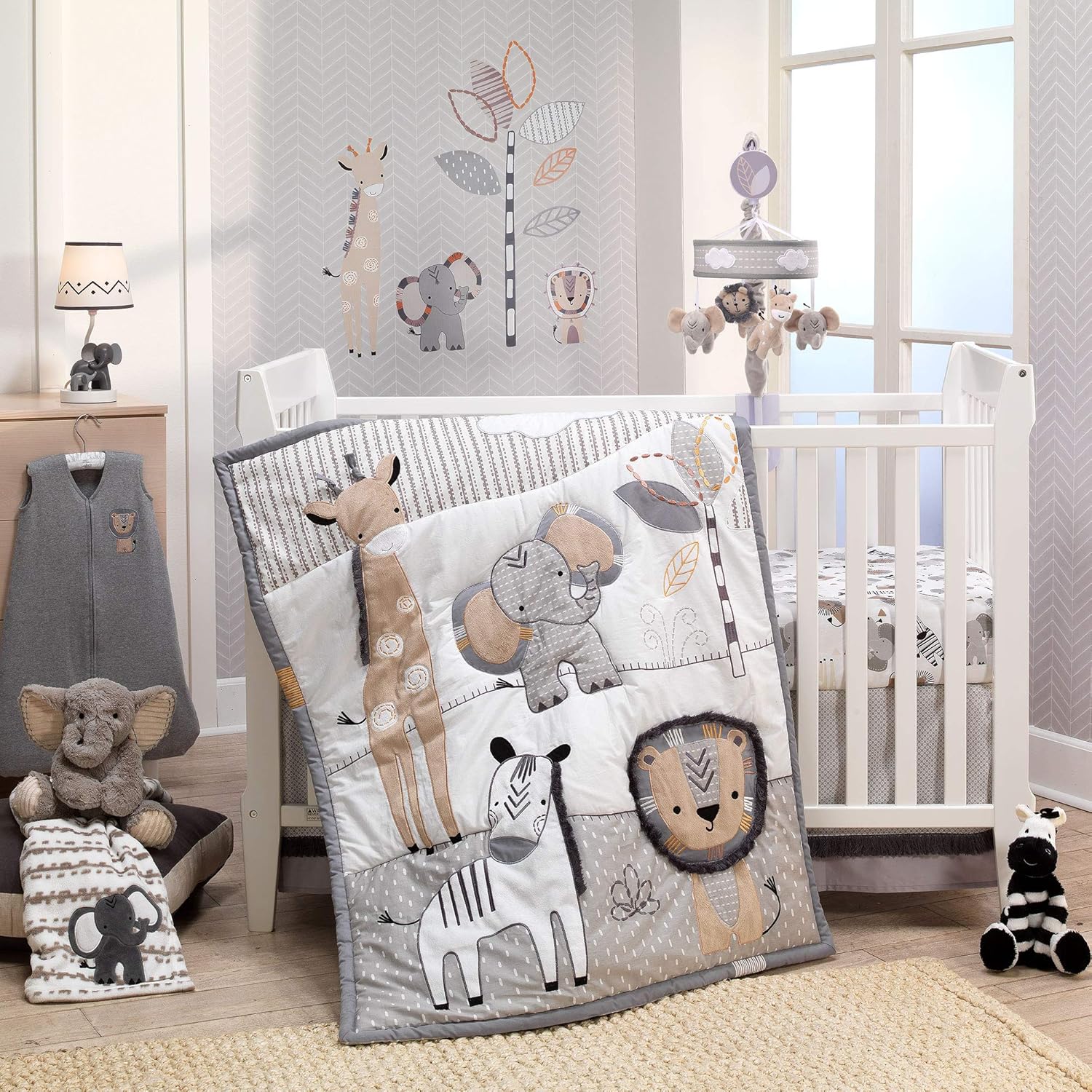 Jungle Safari Musical Baby Crib Mobile - Gray, Beige, White, Animals