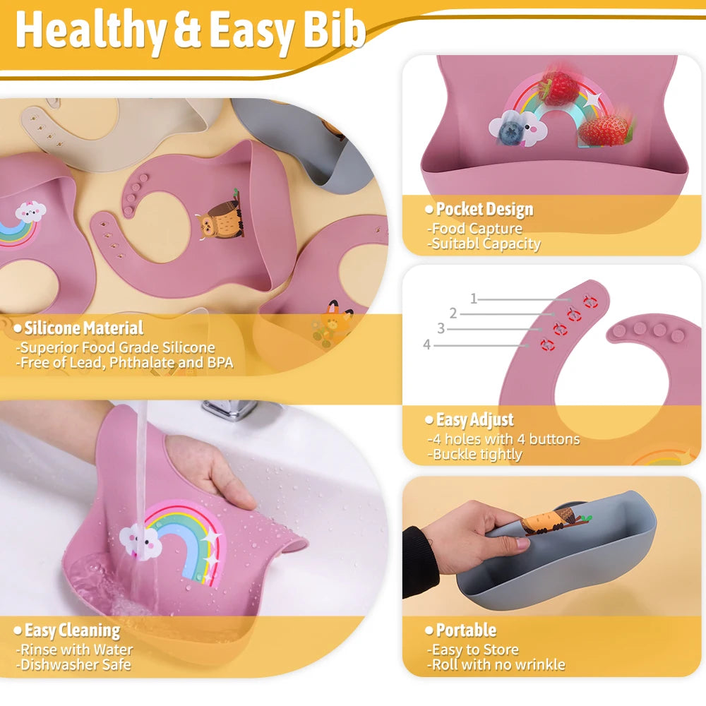 Babero de silicona suave al tacto: Edición con dibujos animados encantadores