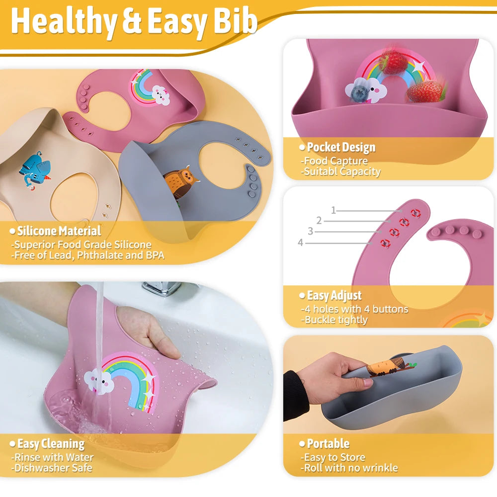 Babero de silicona suave al tacto: Edición con dibujos animados encantadores