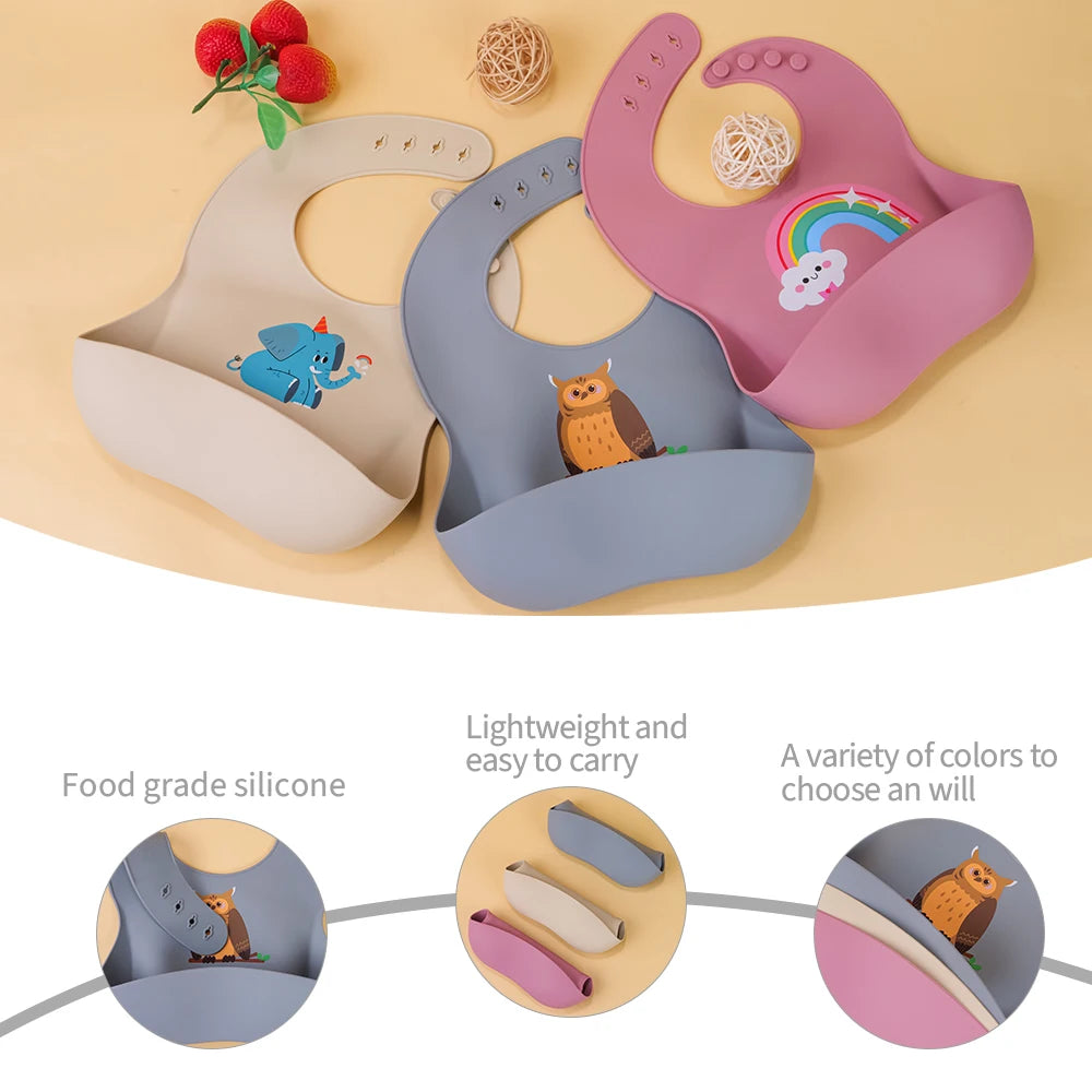 Babero de silicona suave al tacto: Edición con dibujos animados encantadores