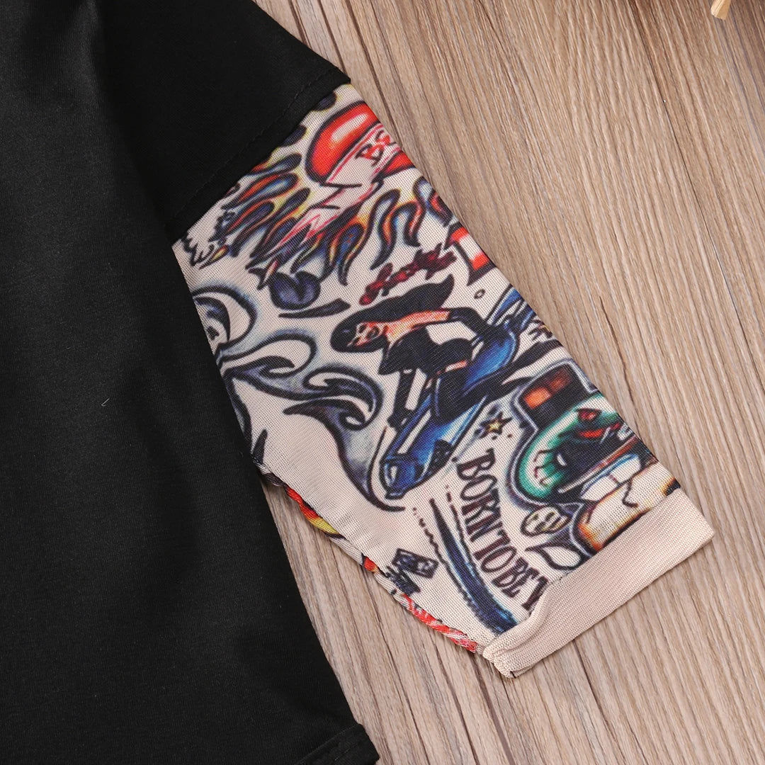 The Little Rocker Bodysuit: Tattoo-Sleeve Illusion Patchwork Romper