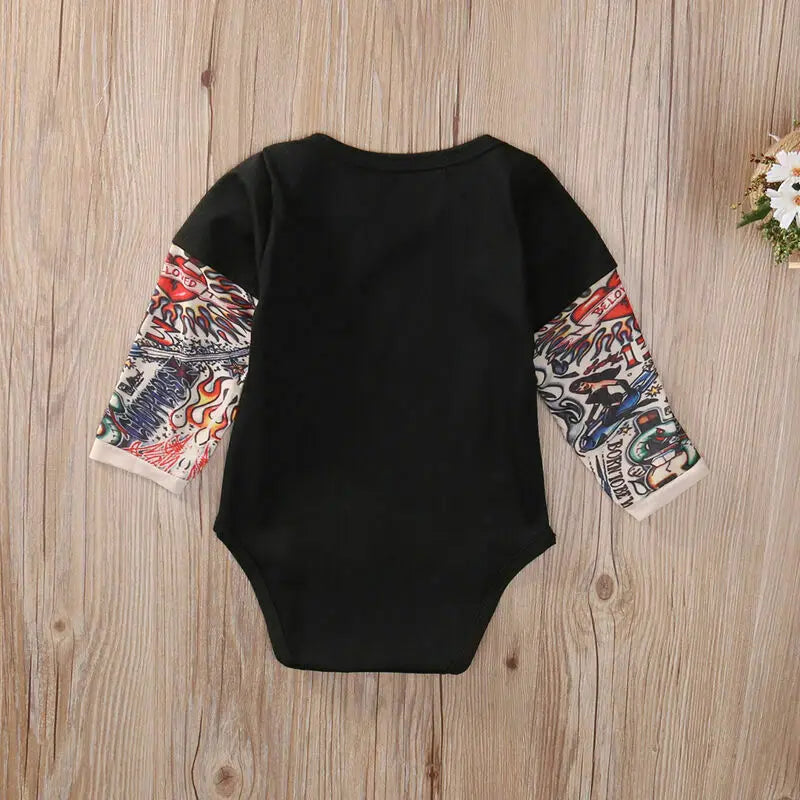 The Little Rocker Bodysuit: Tattoo-Sleeve Illusion Patchwork Romper