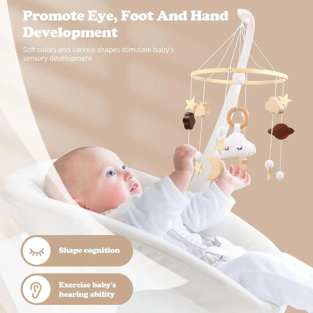 Baby Mobile Bed Wind Chime Moon Stars Felt Ball Handmade Wood Crochet