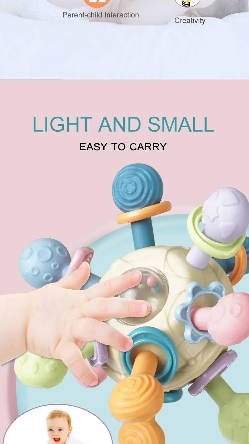Sonajero sensorial giratorio y mordedor de silicona | Juguete de desarrollo multitextura 