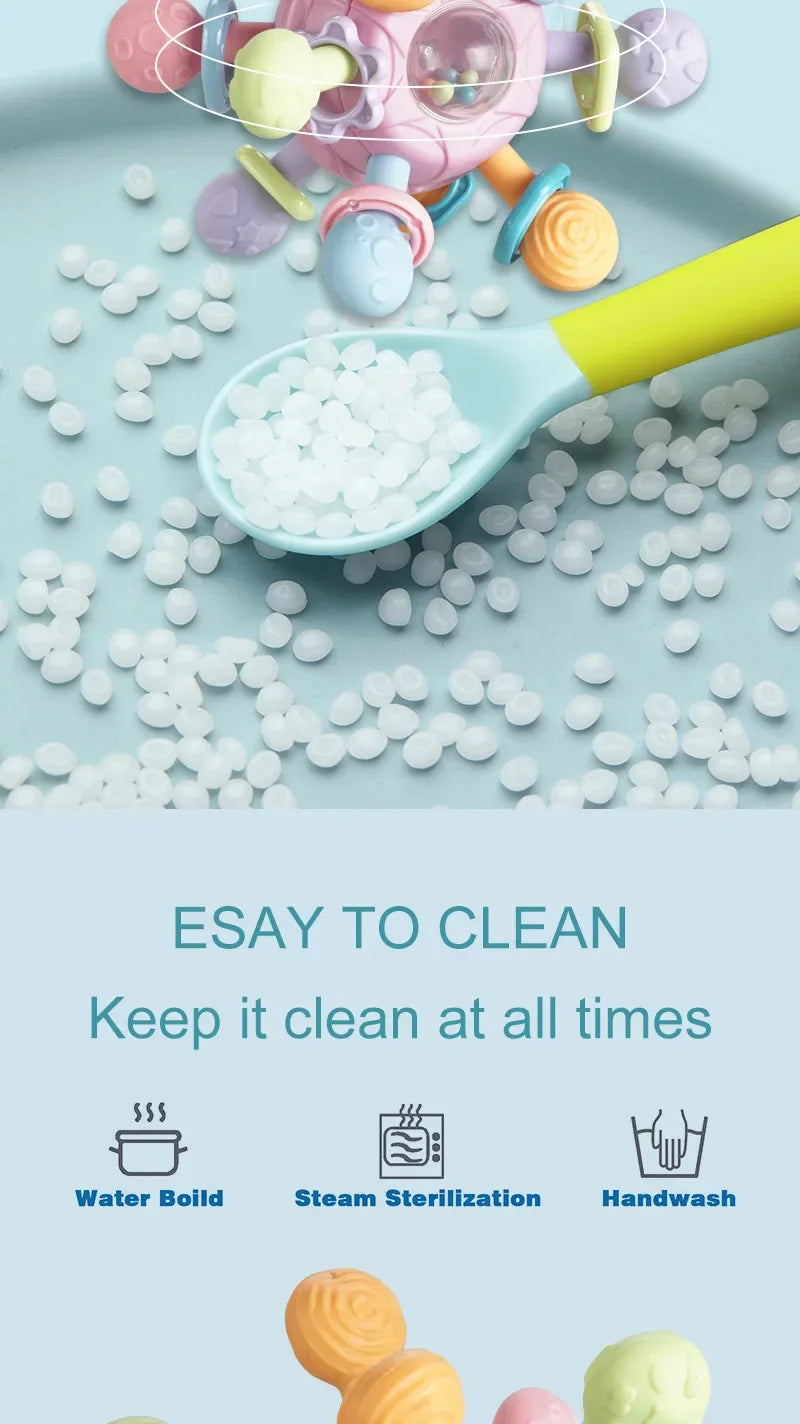 Sonajero sensorial giratorio y mordedor de silicona | Juguete de desarrollo multitextura 