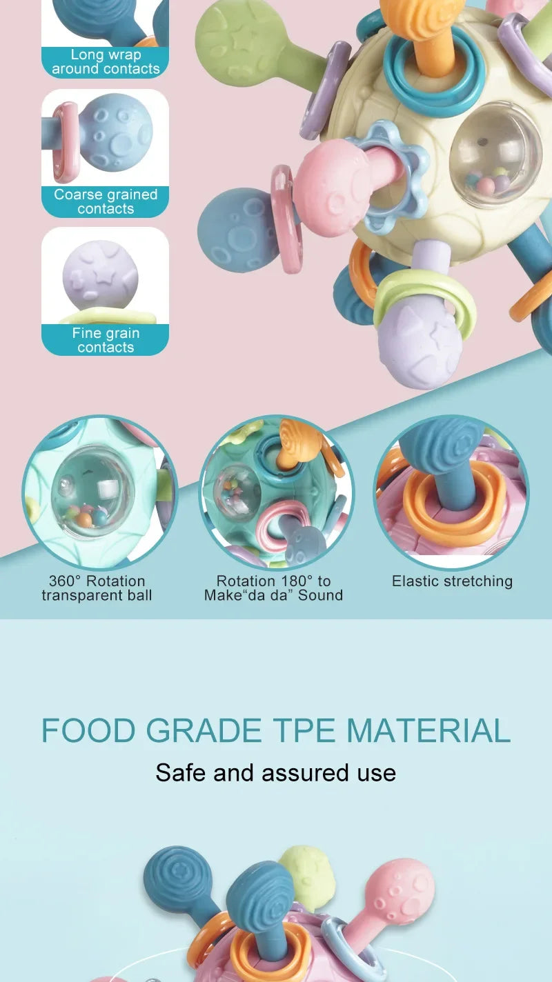 Sonajero sensorial giratorio y mordedor de silicona | Juguete de desarrollo multitextura 