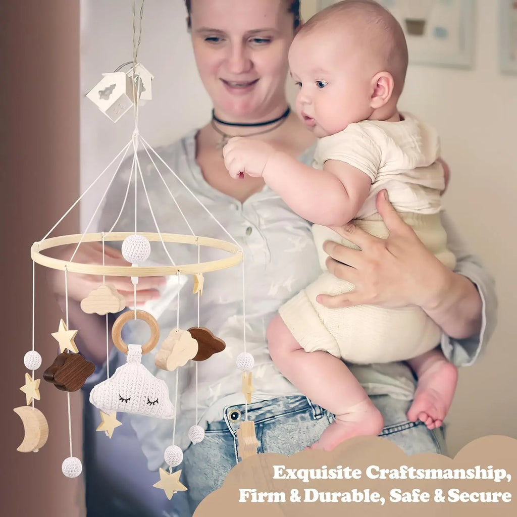 Baby Mobile Bed Wind Chime Moon Stars Felt Ball Handmade Wood Crochet