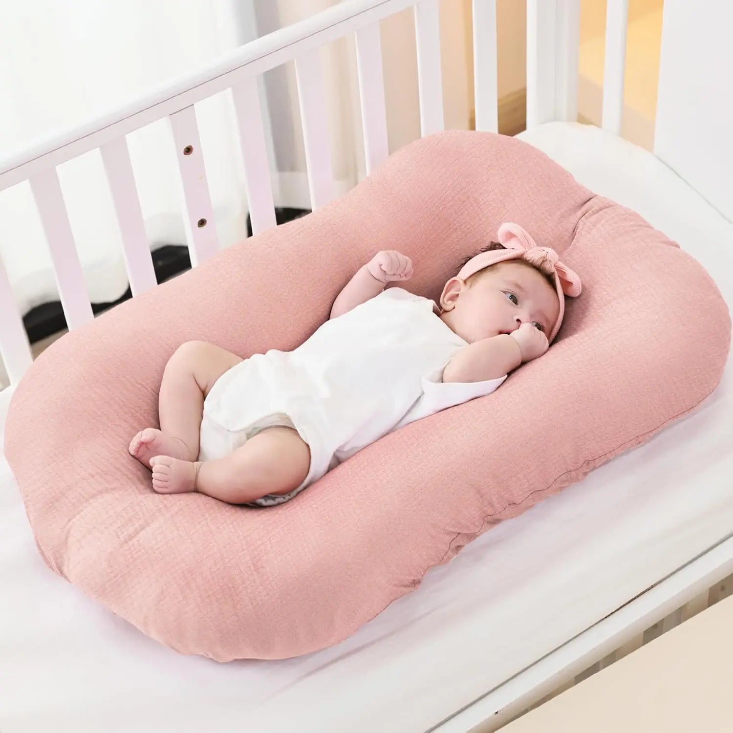 Soft Muslin Baby Lounger Cover for Newborns, Pink, Removable and Machine-Washable