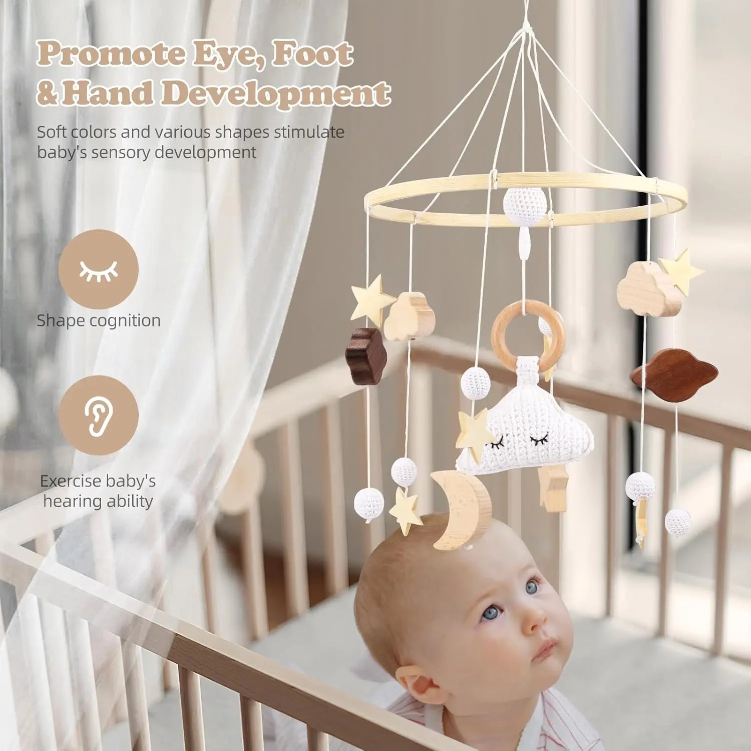 Baby Mobile Bed Wind Chime Moon Stars Felt Ball Handmade Wood Crochet