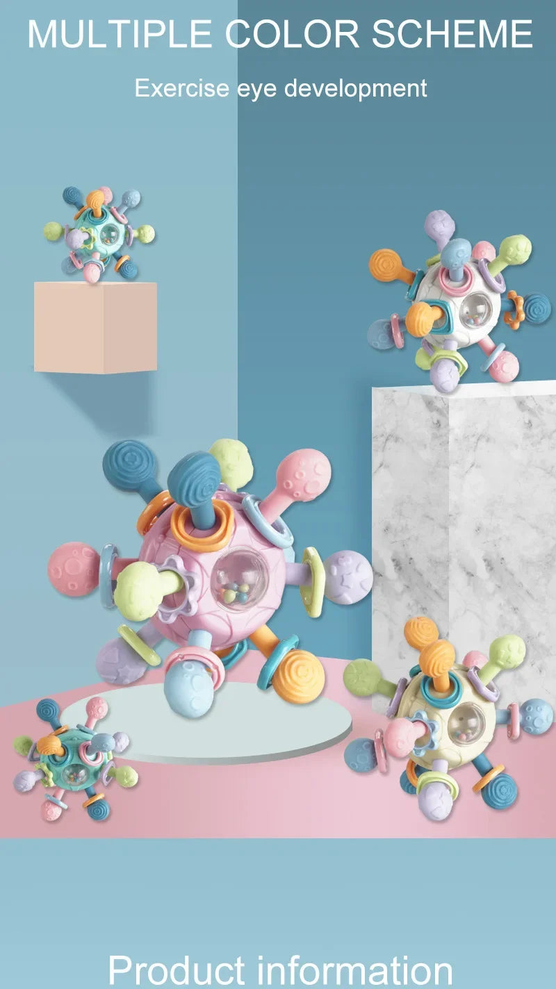 Sonajero sensorial giratorio y mordedor de silicona | Juguete de desarrollo multitextura 